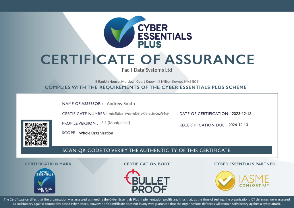Certificate of Cyber Essentials Plus with information about the accreditation.